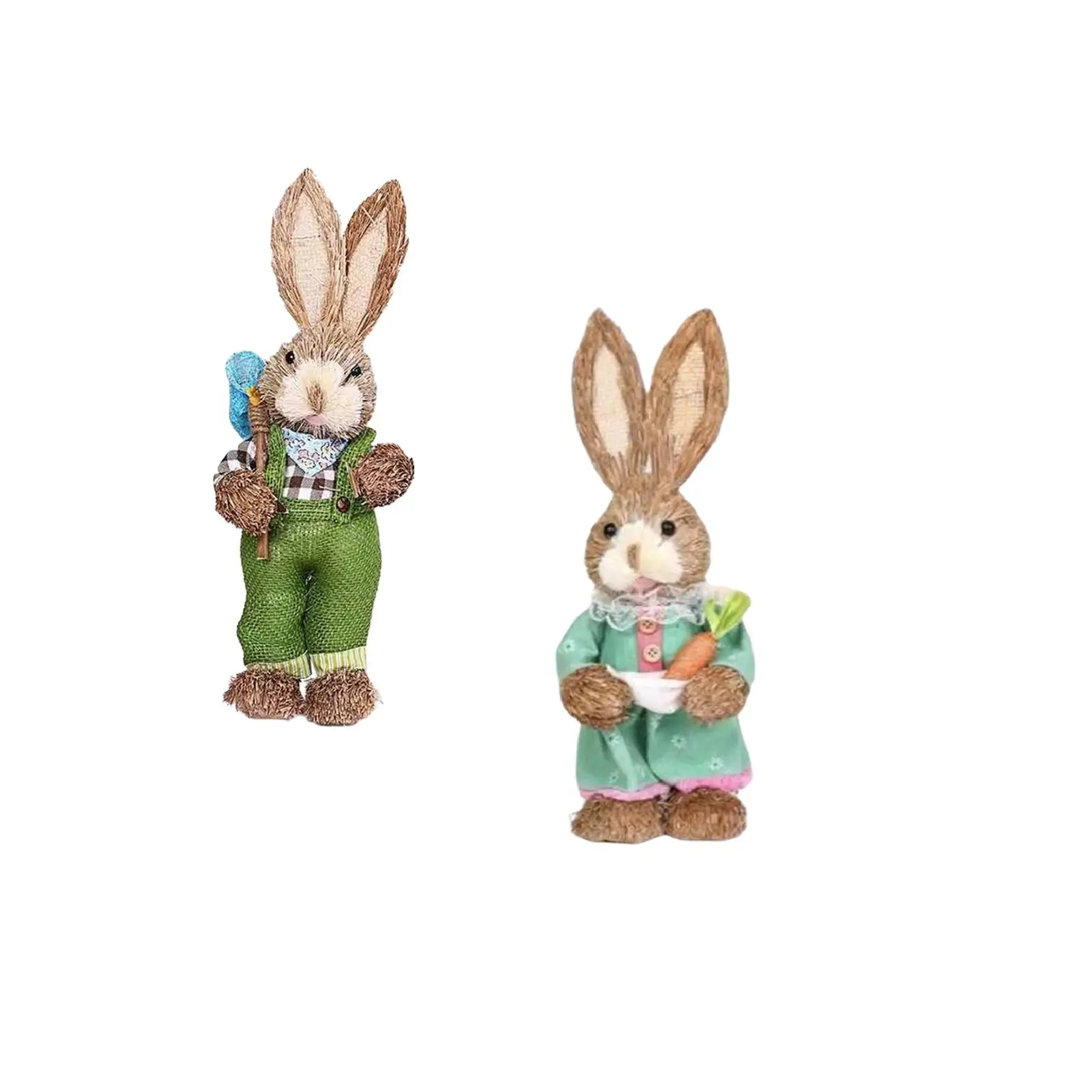 2 Pieces Straw Standing Easter Bunny Figures Garden Ornament 32cm for Party