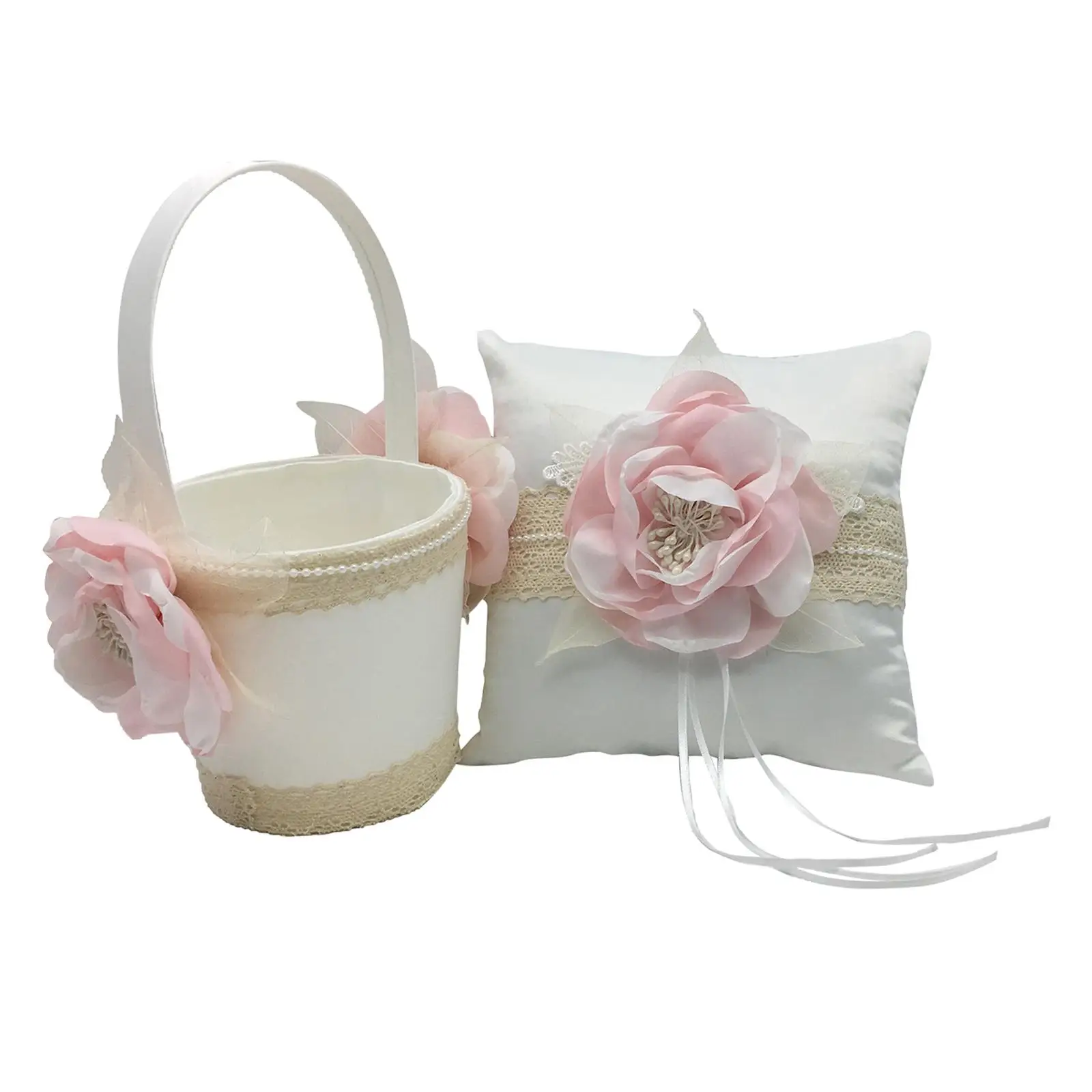 Chic Lace Wedding Flower Girl Basket & Vintage Hessian Ring Bearer Pillow Cushion Set for Wedding Party Bride Decoration