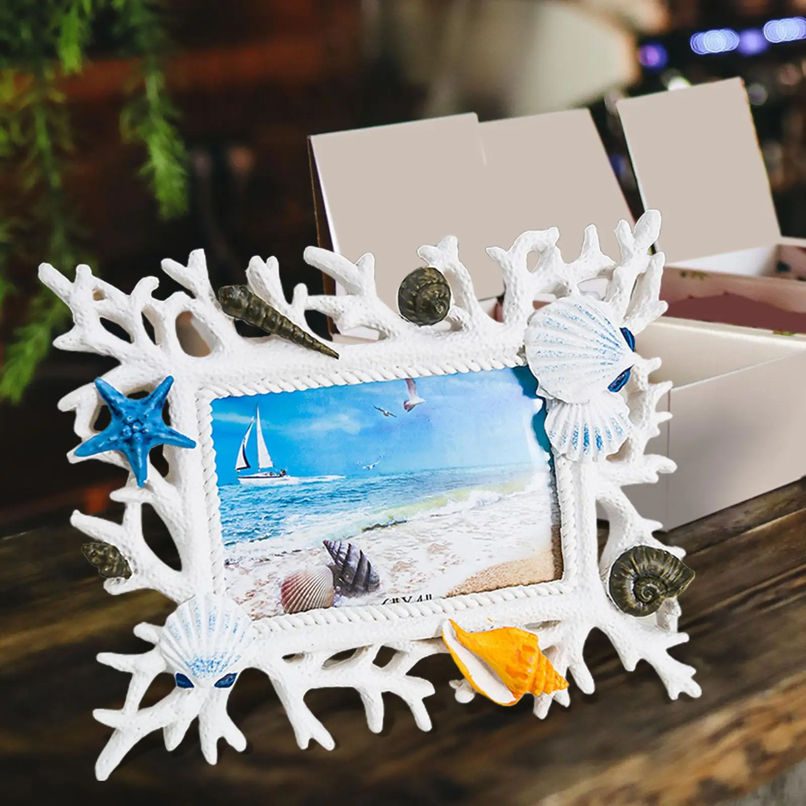 Nautical Theme Photo Frame Picture Holder Adornment Resin Craft Shell Picture Frame for Wedding Party Office Holiday Decor