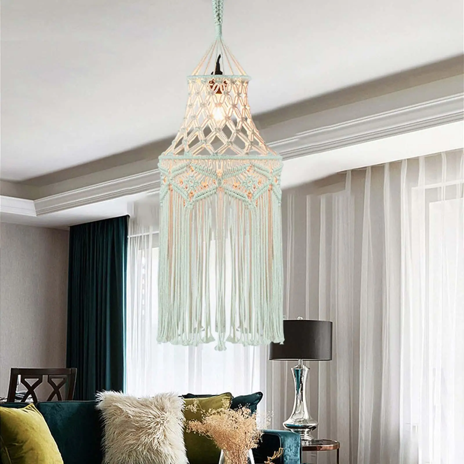 Modern Macrame Tassel Lamp Shade Chandelier Hand Woven Ceiling Pendant Light Cover Hanging Lampshade for Dorm Home Wedding Decor