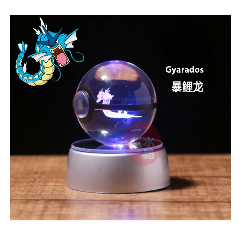 Anime Pokemon Totodile 3D Crystal Ball Pokeball Anime Figures Engraving Crystal Model with LED Light Base Kids Toy ANIME GIFT