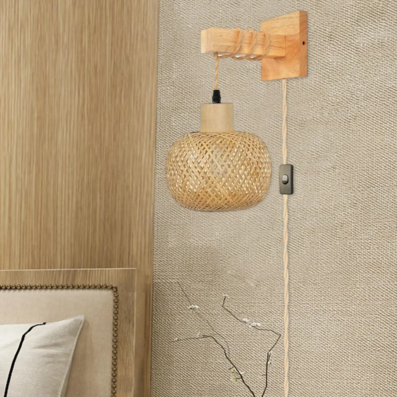 Wall Sconce Boho Decor Rustic Plug in Pendant Light Bamboo Bedside Wall Lamp for Bedroom Hallway Living Room Farmhouse Bathroom