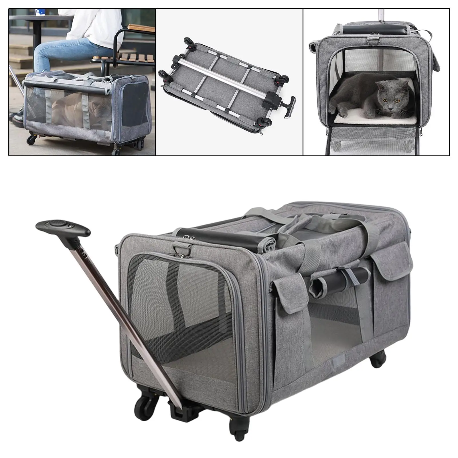 Dog Cats Trolley Case Cats Dogs Carrier with Detachable Wheels Freely Breathe with Pad Carrying Bag for Kitten Hiking Ventilated