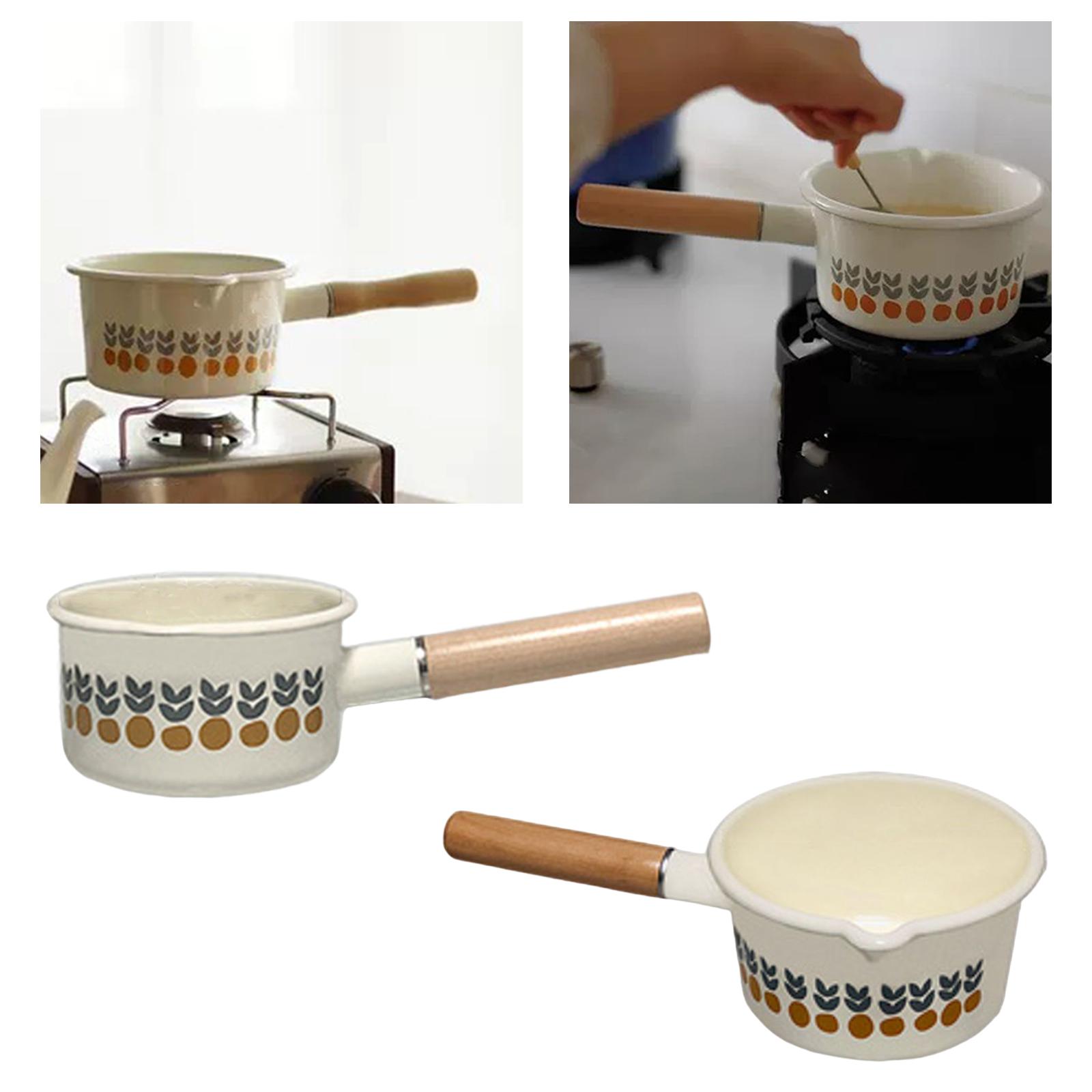 Enamel Milk Pot with Pour Spout Cooking Saucepan with Wooden Handle Butter Warmer for Soup Milk Heating Instant Noodle Gas Stove