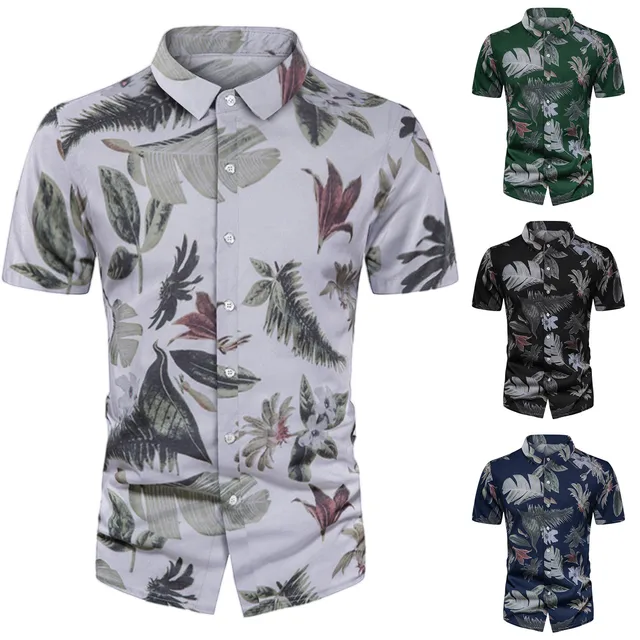 Mrulic Mens Shirts Men's Summer Fashion Shirt Leisure Seaside Beach Hawaiian Short Sleeve Printed Shirt Loose Top Blouse Men Shirts White + XL
