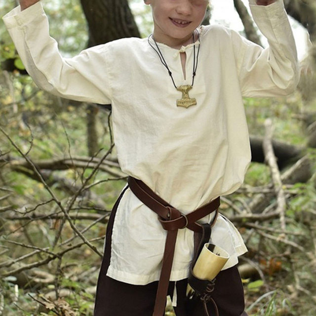 Chemise Garçon Style Médiéval - Coton/Lin, Lacets, Manches Longues Réglables - Déguisement Viking, Renaissance, Pirate