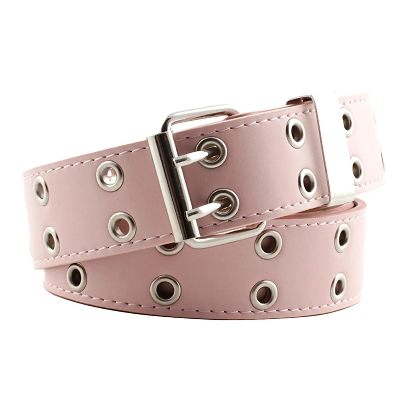Womens Punk Leather Belt Hollow Double Grommet Waist Strap with Metal Chain