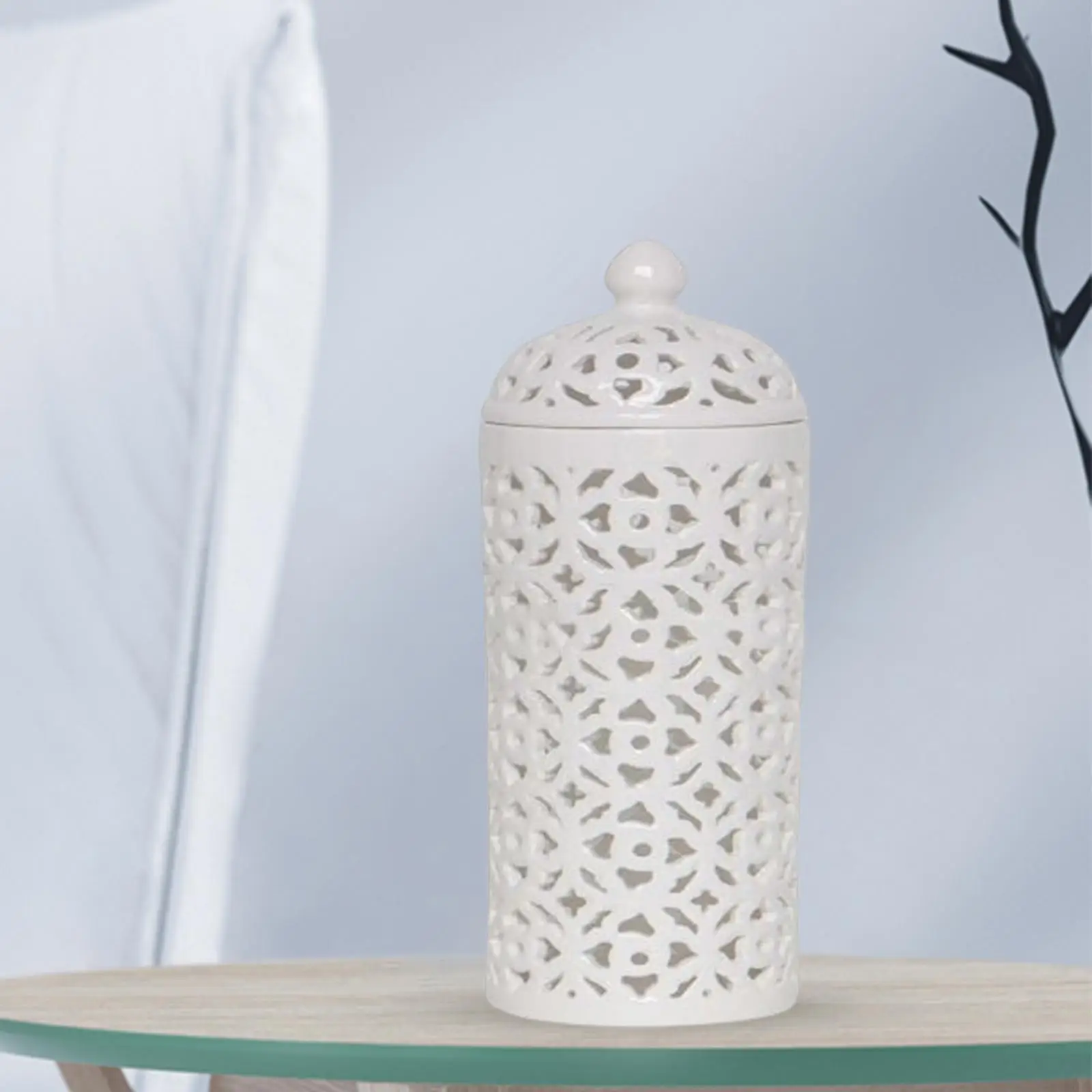 Ceramic Hollow Pierced Vase with Lid Temple Jar, Fine Glaze Finish ,White