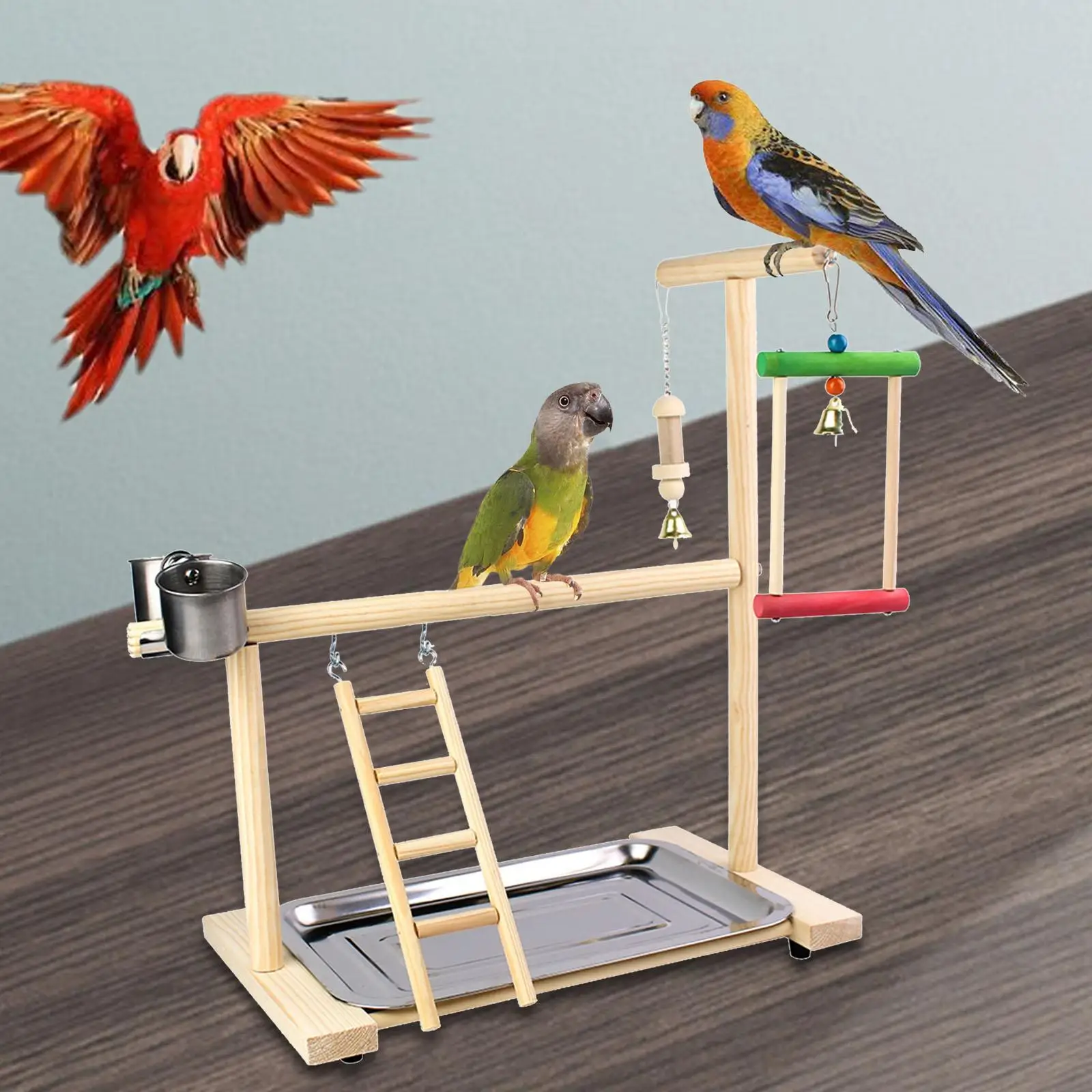 Toys Bird Perch Platform Bird Playground Gym Ladder with Feeder Cups Exercise Bird Gym Toys Wood Pet Parrot Playstand for Budgie