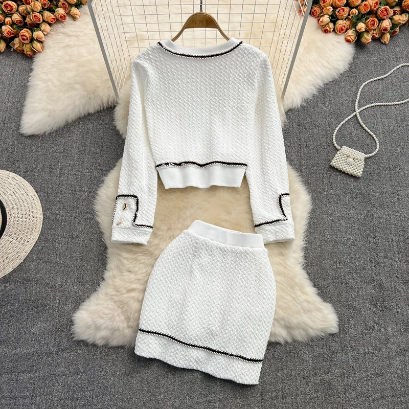 blazer pants set Retro Small Fragrance Style Crop Top Suit Female Spring New Patchwork Short Cardigan Coat + Bodycon Skirt Two Piece Set Women special occasion pant suits