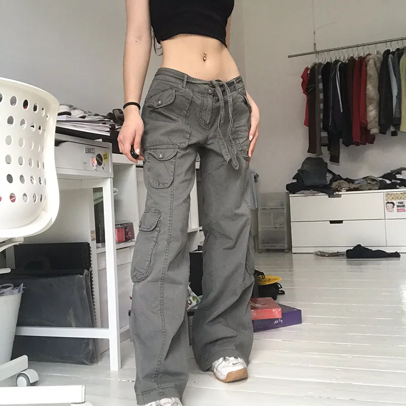 denim capris 2022 New European and American Street Hipster Women's Casual Loose Drawstring Belt High Waist Pocket Gray Wide Leg Trousers capri leggings