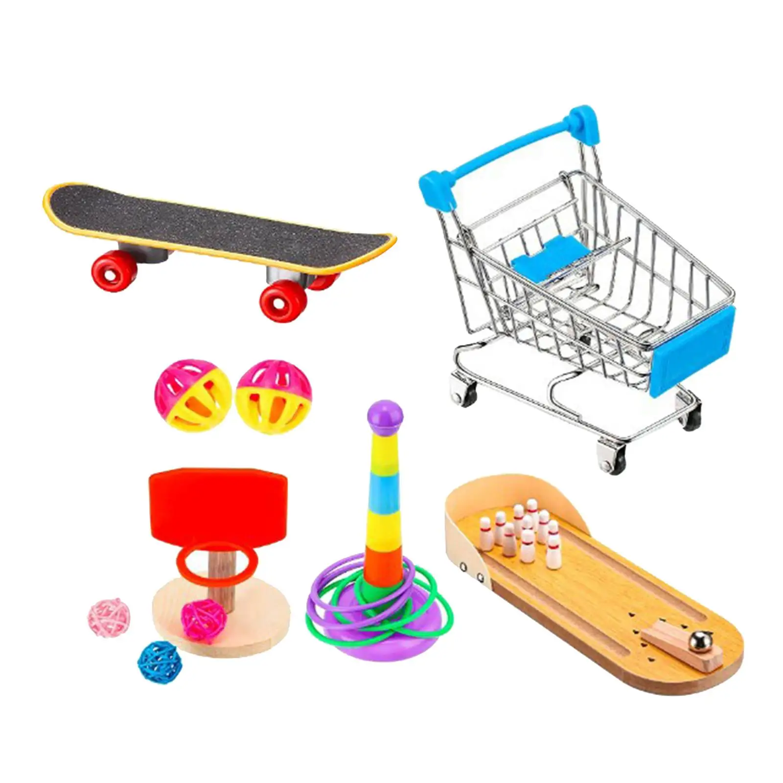 Set of 7 Parrot Training Toys Cage Toys Interactive mini Skate Toy Intelligence Training Ring Basketball for Accessory