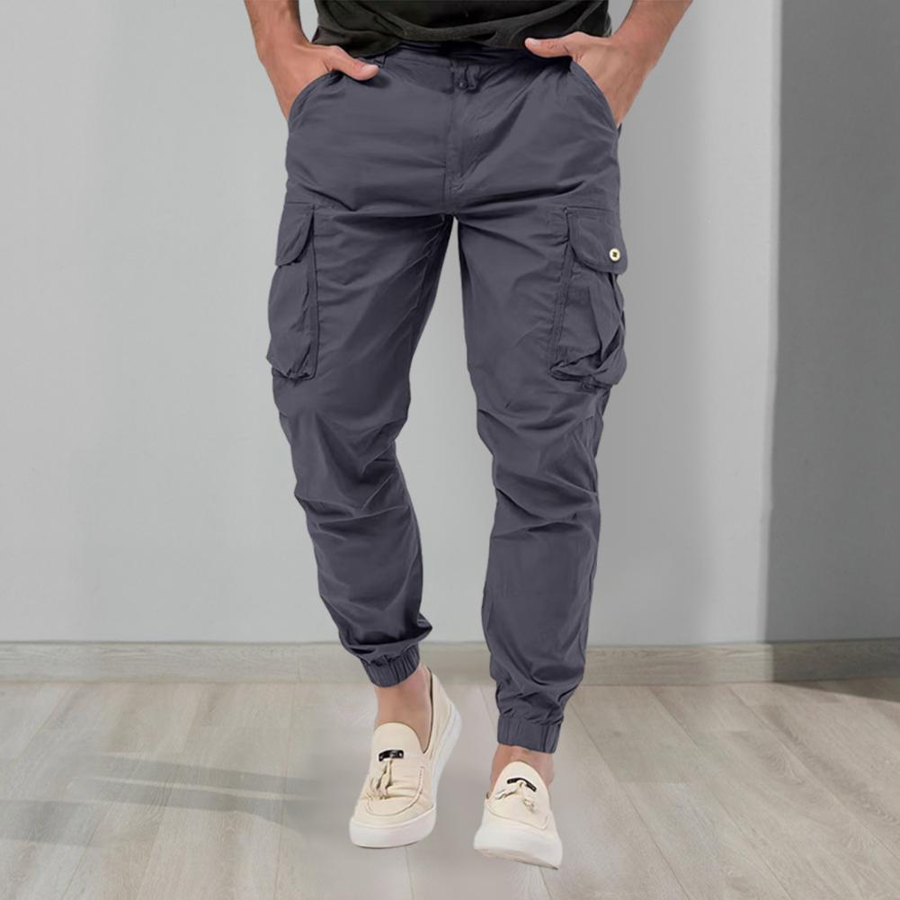 Description Picture 6 of itemMen Pants Mid Waist Multi Pockets Button Zipper Closure  Cargo Pants Solid Color Loose Ankle-banded Long Trousers For Dating