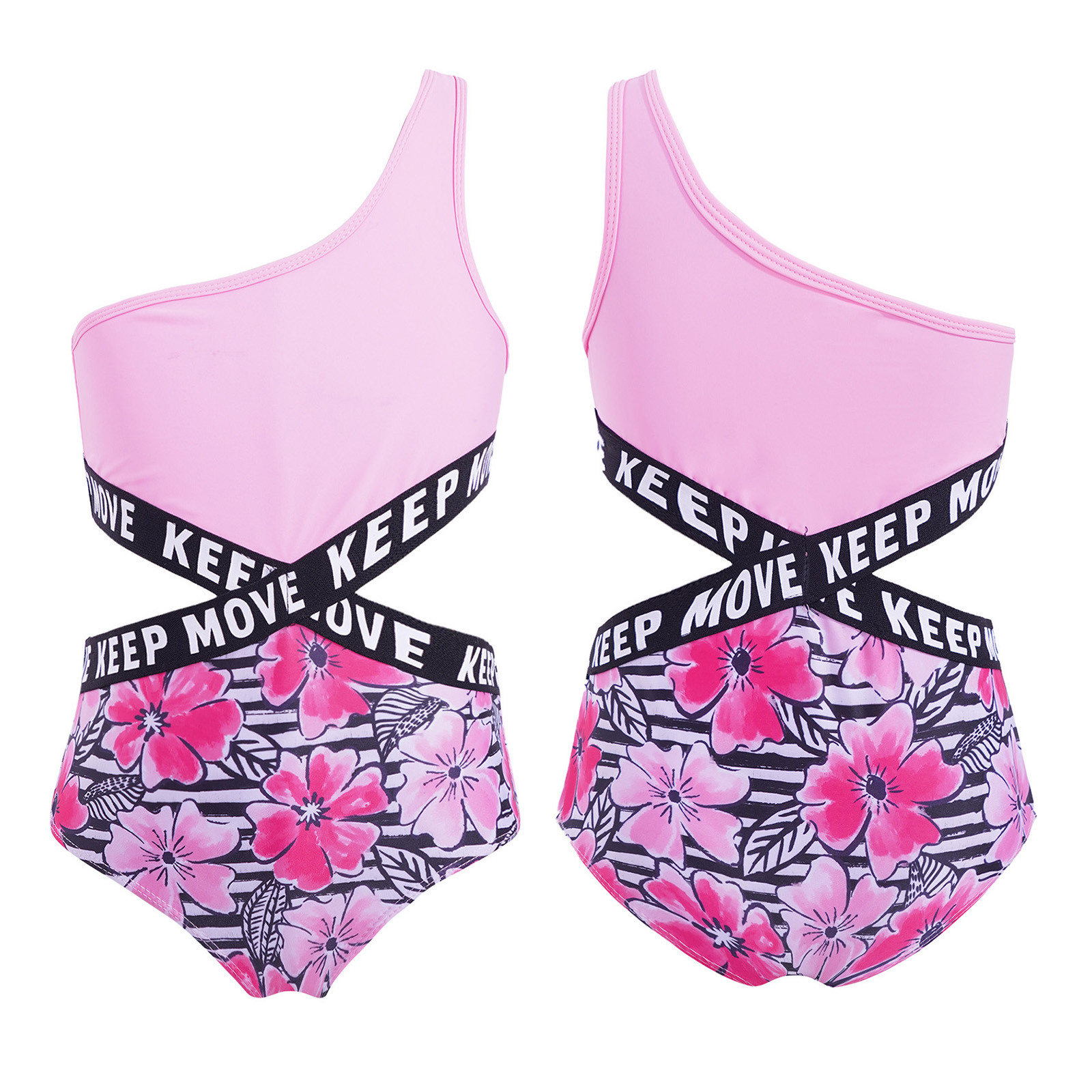 Kinder Mädchen einteiligen Badeanzug Overall Sommer aushöhlen Buchstaben gedruckt Patchwork Bodysuit Strand Pool Badeanzug – Detail 19