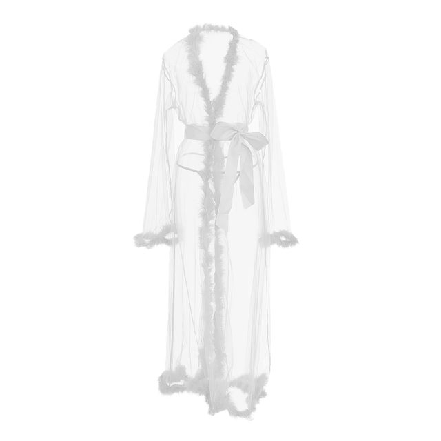 Women Robe Long Nightgown Bathrobe Sleepwear Feather Bridal Robe