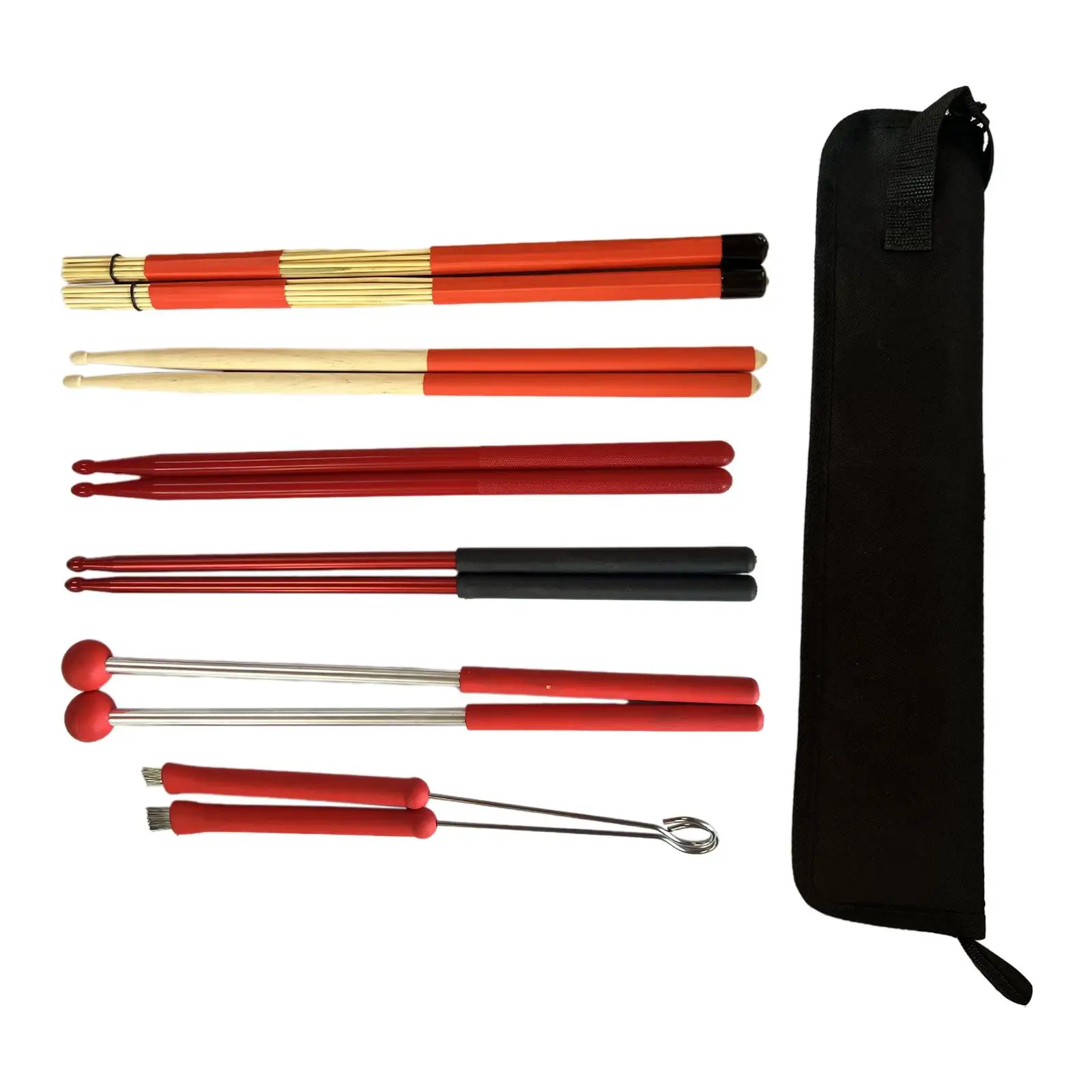 Drumsticks Set Wood Drum Sticks with Portable Storage Bag Retractable Drum Wire Brushes for Beginner Drummer Playing Practice