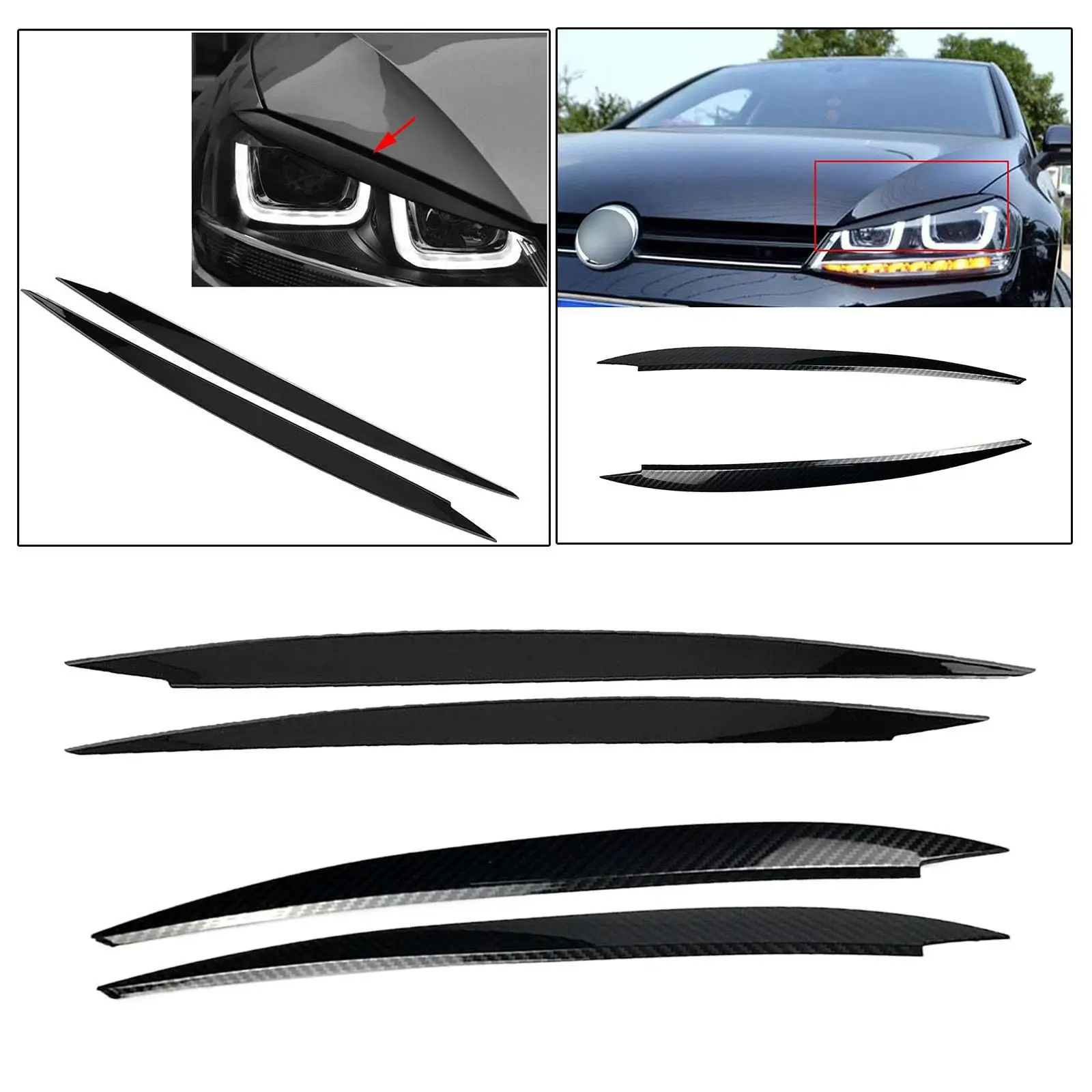 2x Headlights Eyelid Eyebrows Trims Cover Spare Parts Length 43.3cm Replacement Waterproof Easy to Install for VW Golf 7