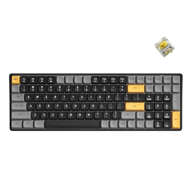 Un teclado negro y amarillo con un cuadrado pequeño en la parte superior