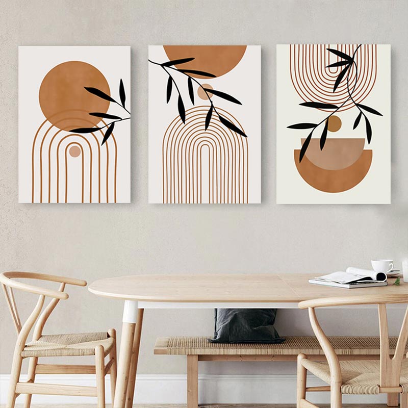 3pcs Boho Abstract Geometry with Framed Wall Art Canvas Painting Poster Leaves Sun Rainbow Living Room Interior Picture Decor