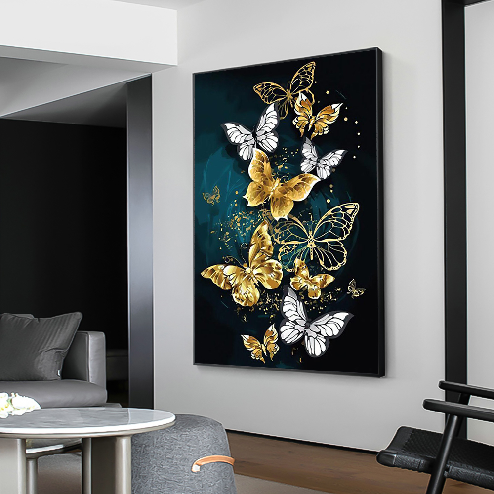 Gold Blue Butterfly Canvas Paintings Black Wall Art Prints Luxury Living Room Decorative Posters For Living Room Wall Decor Art