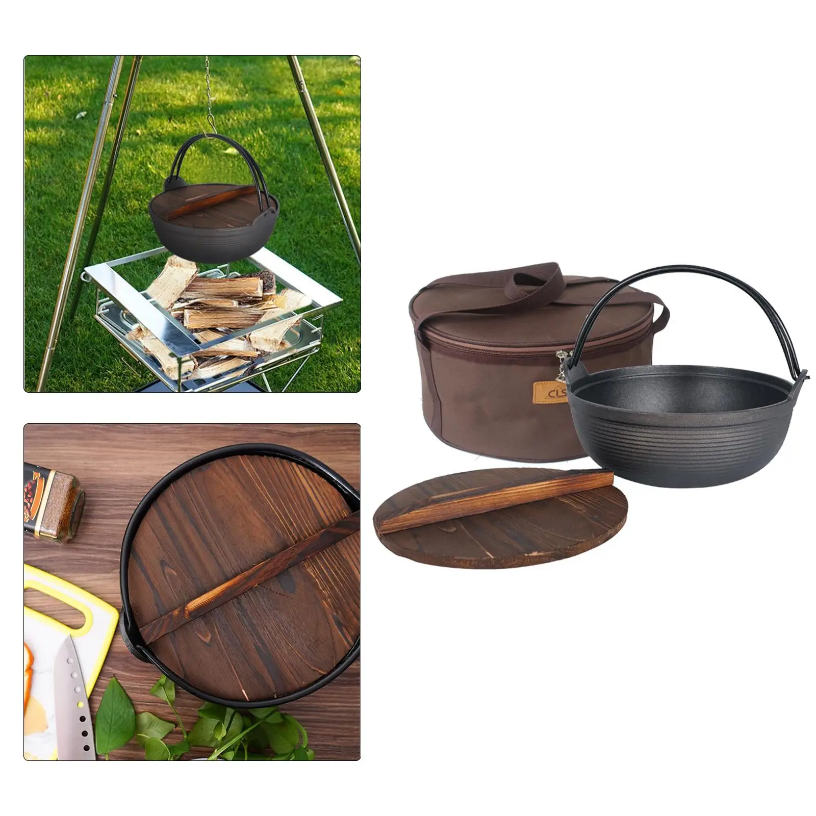 Cast Iron Stew Pot with Wood Cover Soup Pot Japanese Sukiyaki Stew Pot Uncoated Outdoor Field Hanging Pot 3-5 People Use