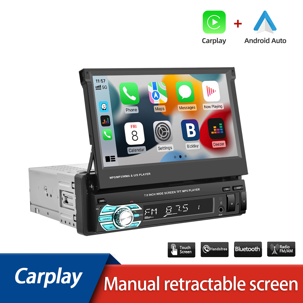 S066302eb7bc3457cb80a59aea4e53f73H 7" inch Touch Car Radio CarPlay Android Auto Automatic Retractable Screen Car MP5 Player 1Din Stereo Autoradio Multimedia Player