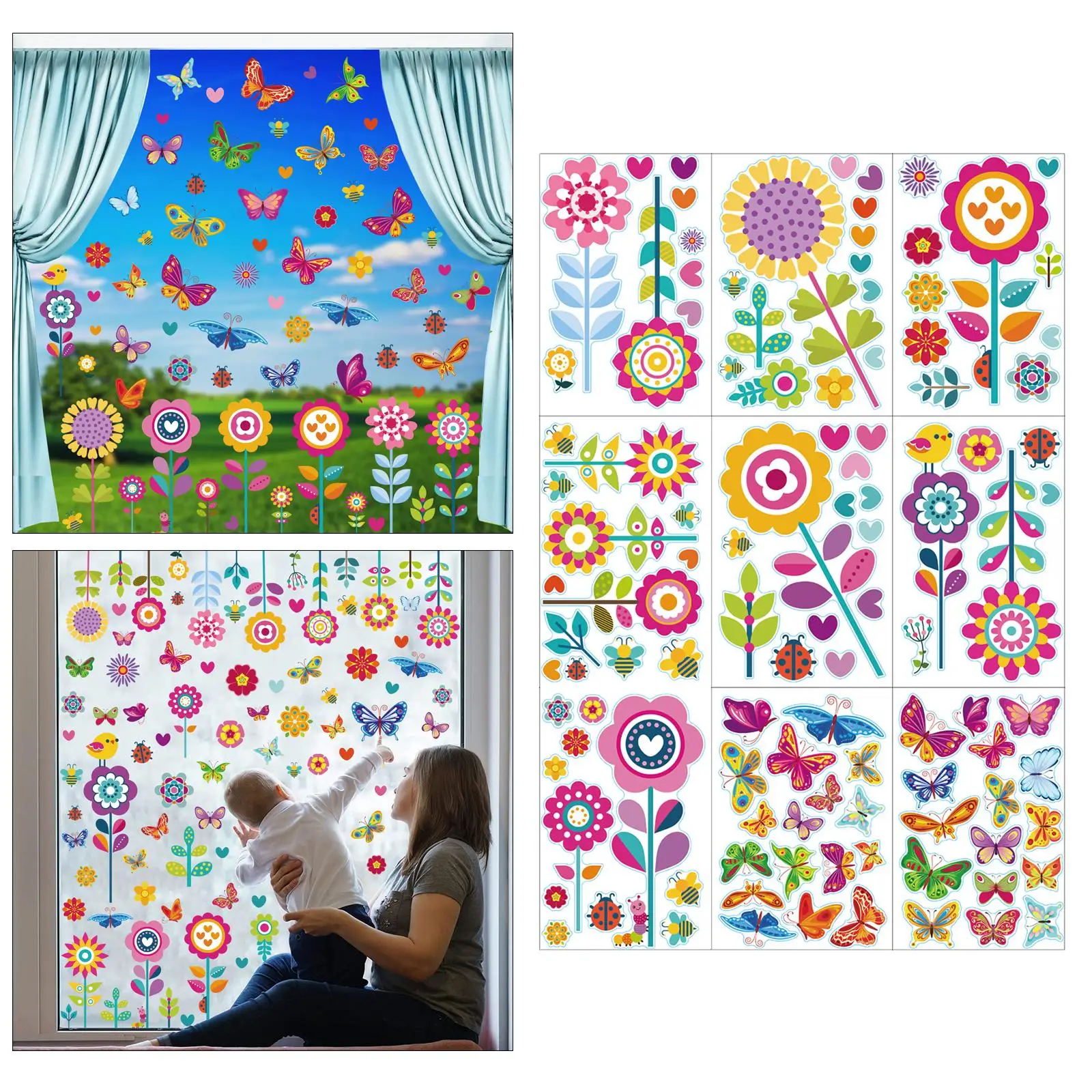 9Pcs Double-Sided Window Stickers DIY Crafts Butterfly Flower Static Non-Adhesive Glass Sticker for Glass Window Door Home Decor