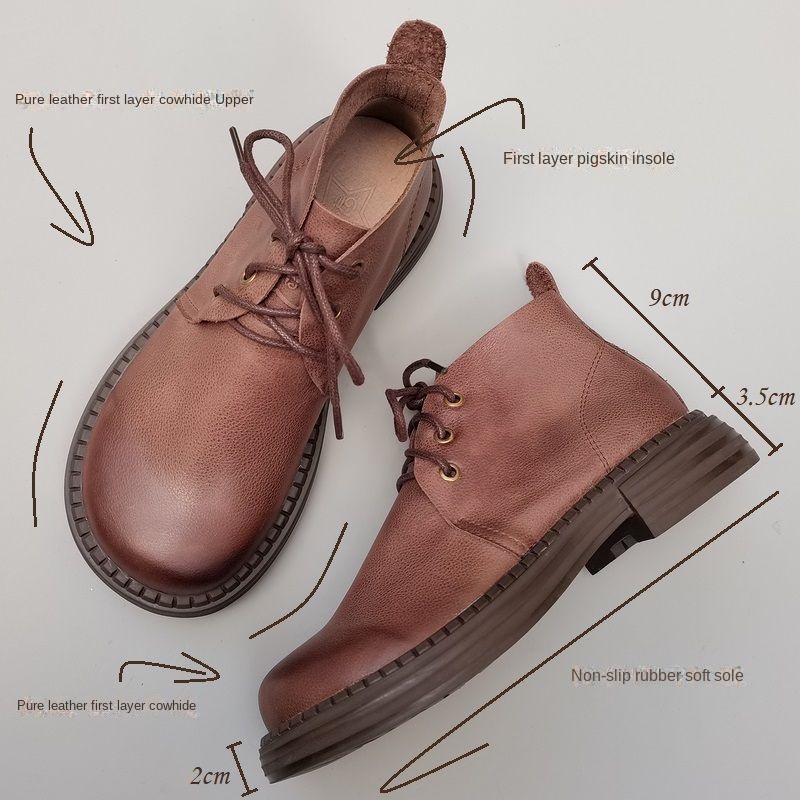 Genuine Leather Wide Toe Women's Shoes Spring Cowhide Short Boots Soft Sole Lace-up High-top Original Single Shoes