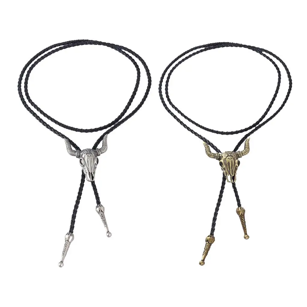 Western Longhorn Cow Skull Leather Rodeo Bolo Tie  for Men - Bronze, As Described