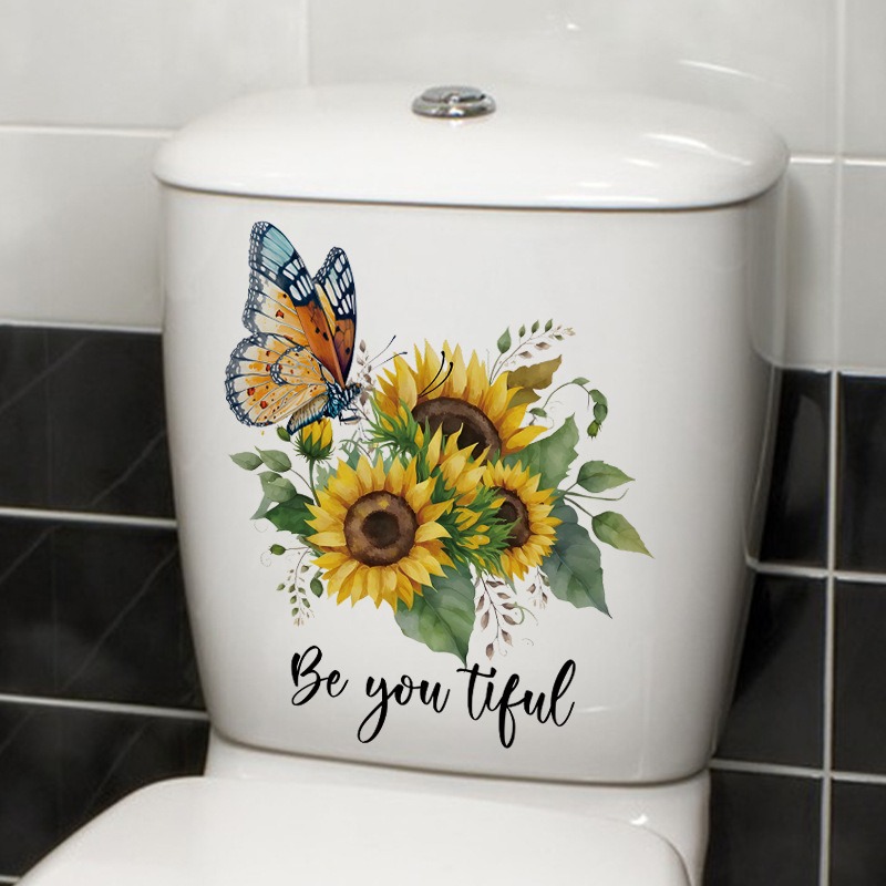Description Picture 4 of item1pcs Plants Flowers Sunflowers Butterflies Wall Stickers Toilet Sticker Bathroom Toilet Cover Refrigerator Sticker Wc Decoration