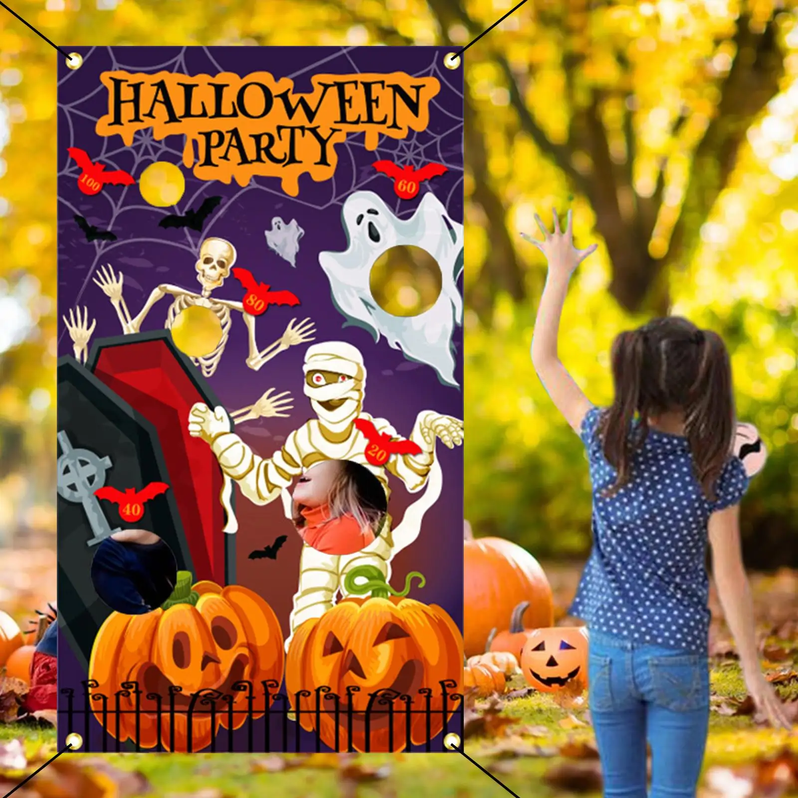 Halloween Themed Toss Games Banner Set with Sand Bag Twine Party Favors Toys