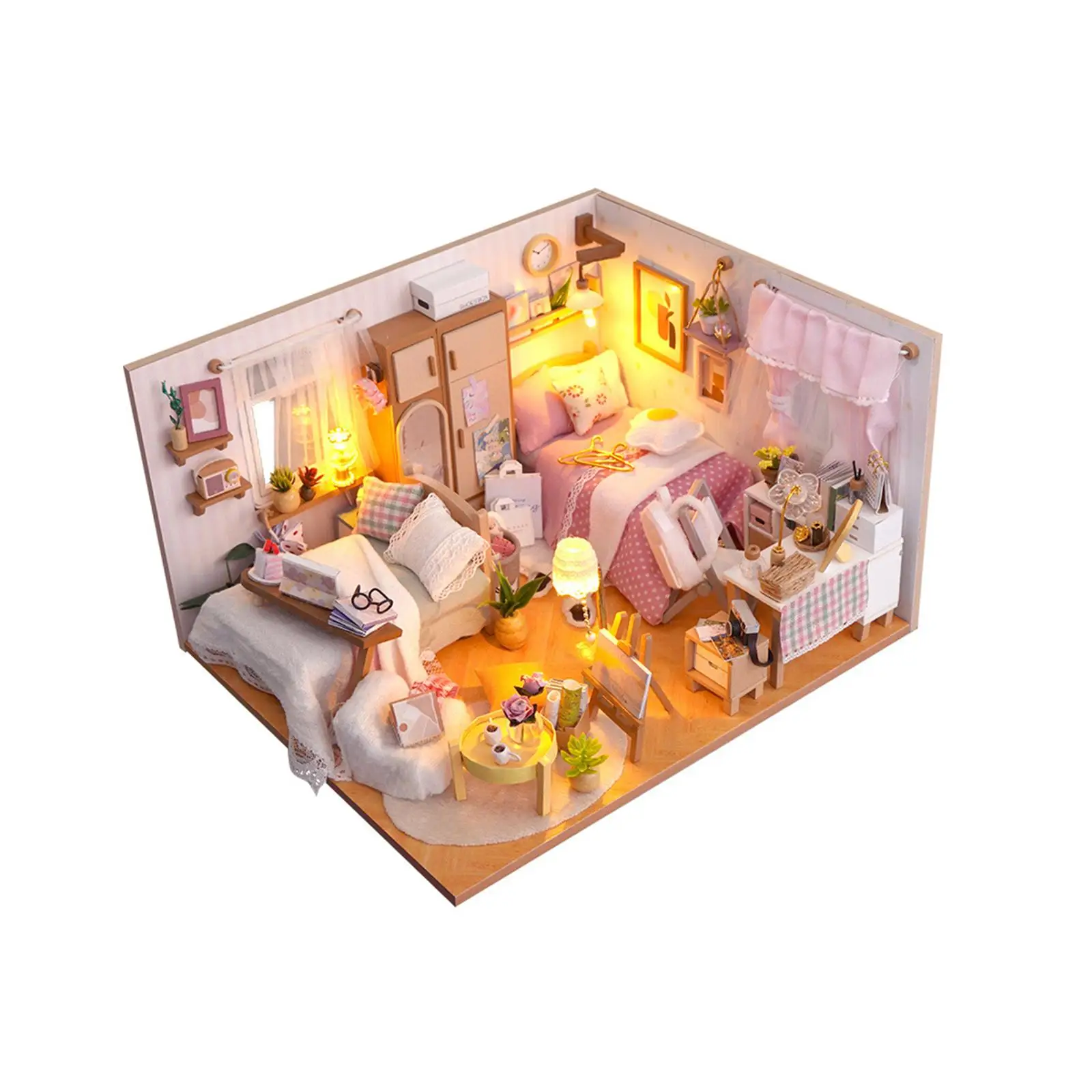 3D Wooden Miniature Dollhouse Kits with Furniture and Ornaments for Boys Girls Artwork Easy to Assemble Fashion Creative Bedroom