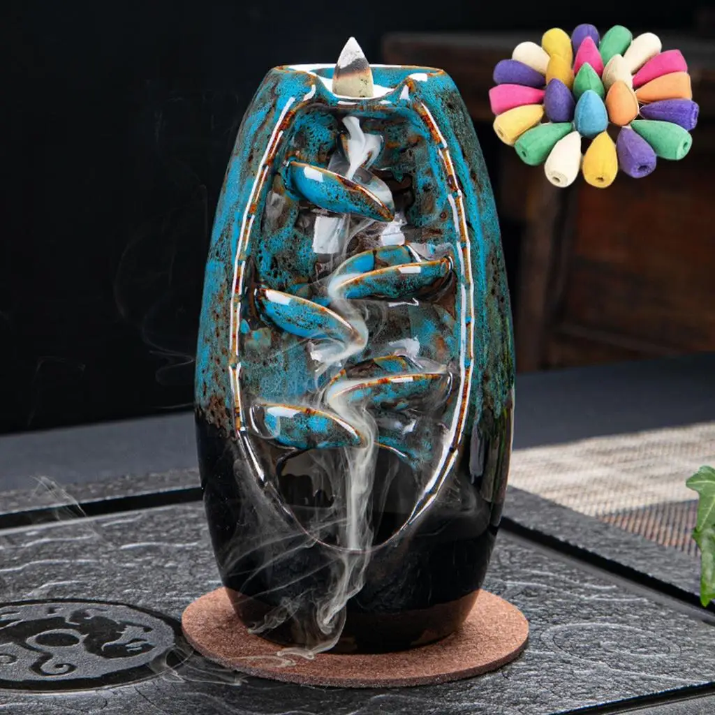 Ceramic Backflow Incense Burner, Censer Flowing Back Incense Cones Holder for Yoga Meditation SPA Aromatherapy, Tea House