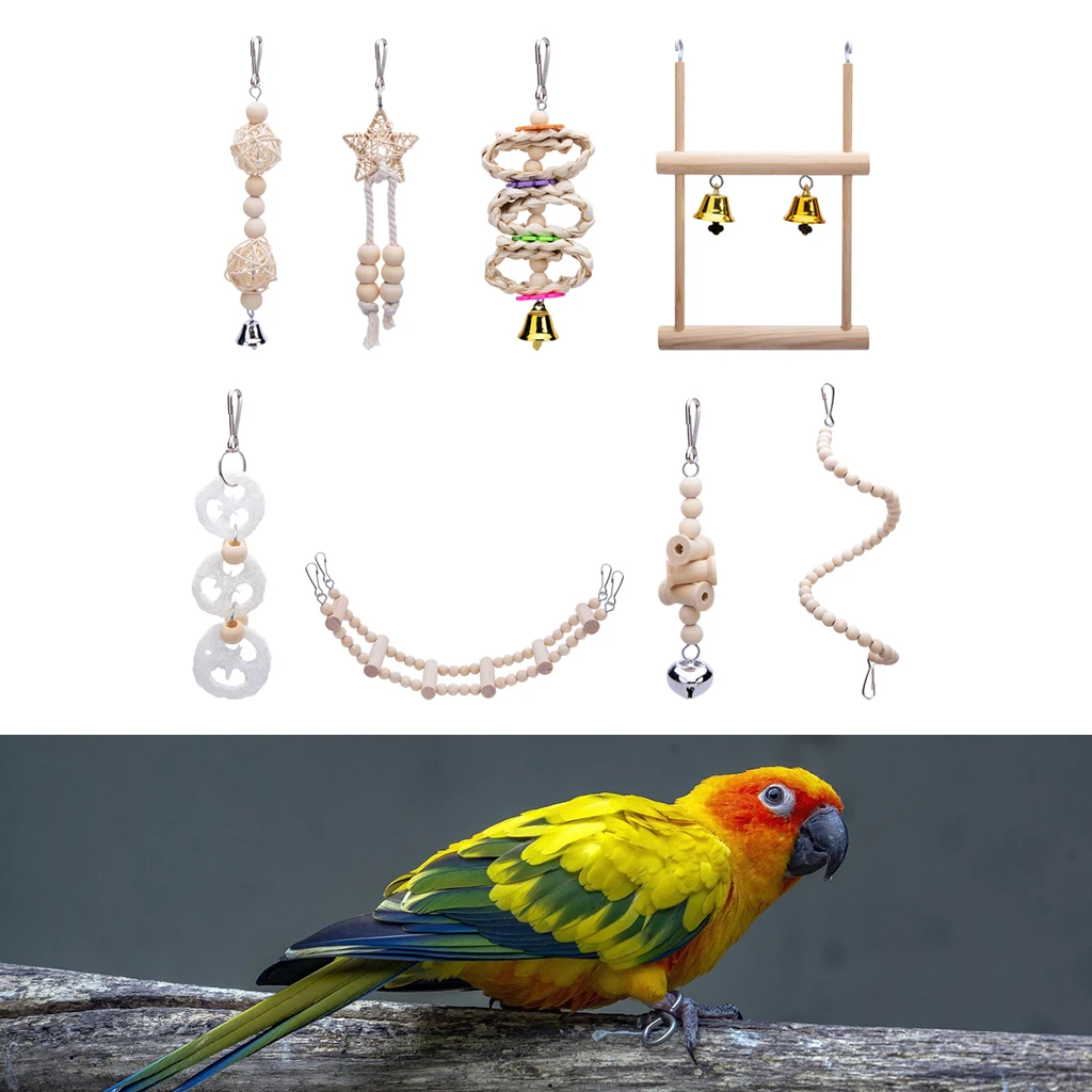 8PCS Parakeet Toys, Pet Ladder Swing Hanging Chewing Toy Toys for Parakeet, , Cockatiel, Finches Accessories