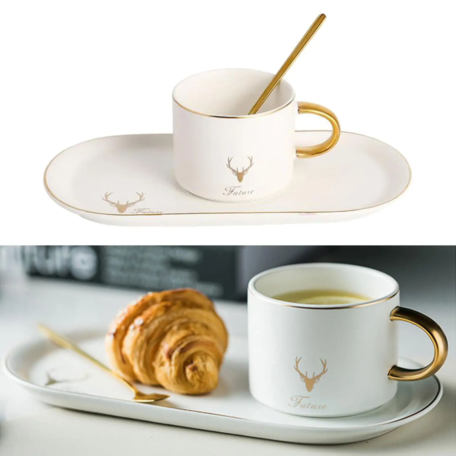 Ceramic Tableware Breakfast Coffee Cup Set inlcuding Saucer Tray and Spoon, Nordic Style