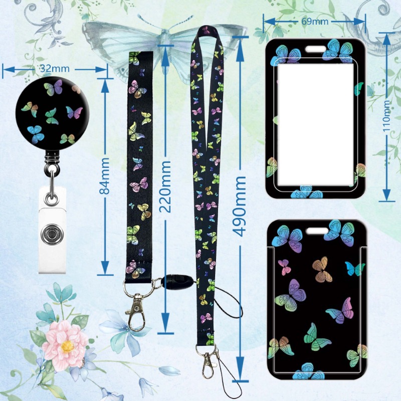 Bunter Schmetterling, einziehbar, leicht zu ziehend, Abzeichenrolle, lang, kurz, Handy-Lanyard, Kartenhalter, Zertifikat, Porta, Credencial – Detail 6