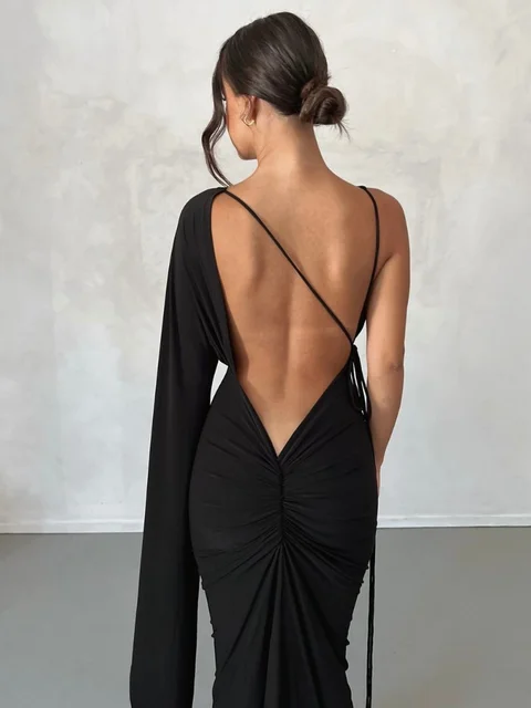 Vestido largo negro con espalda descubierta para mujer, de fiesta de fruncido, elegante, ajustado, con un hombro al descubierto, para verano, 2023 _ - AliExpress Mobile