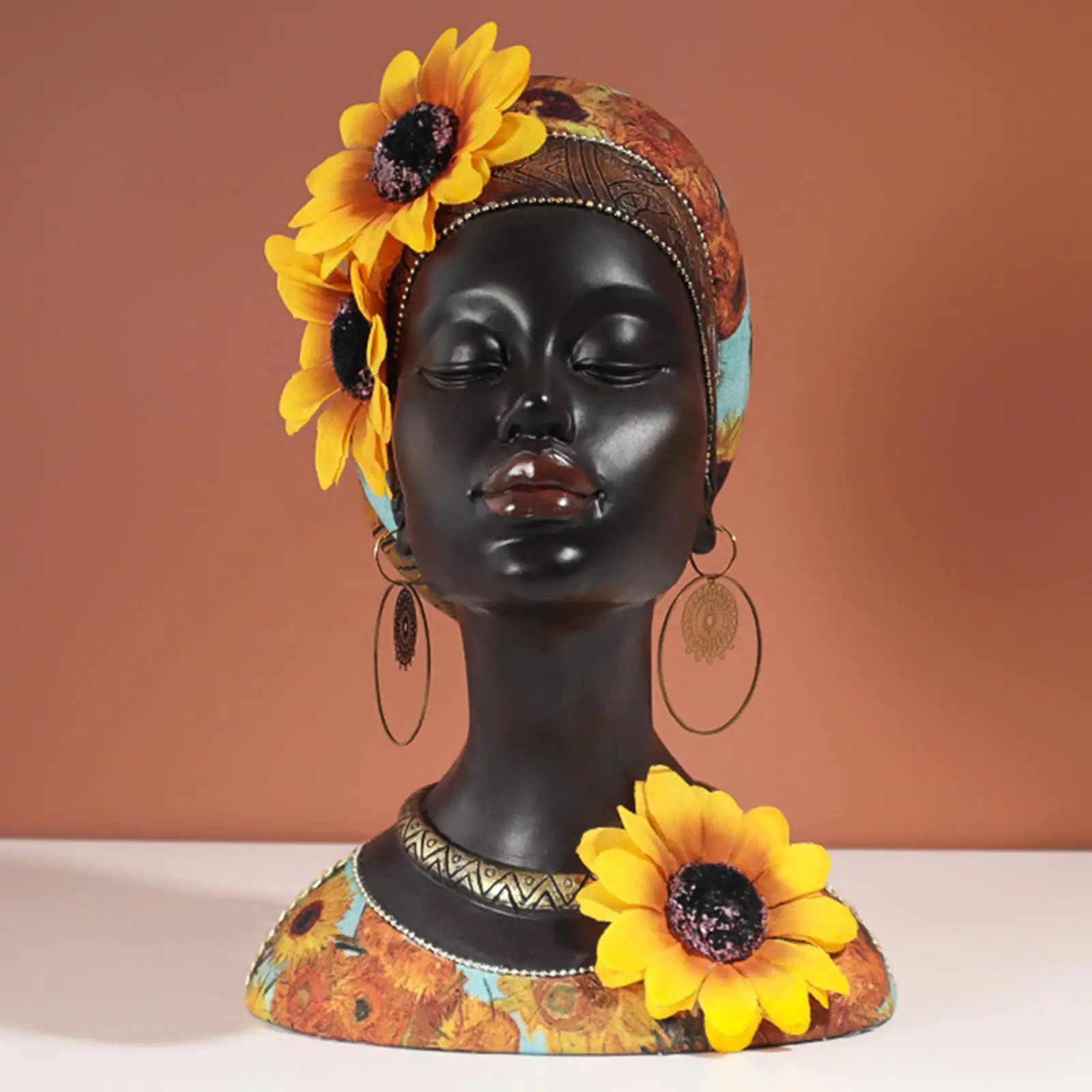 Sunflower African Woman Head Statue Creative for Bar Table Centerpiece Party