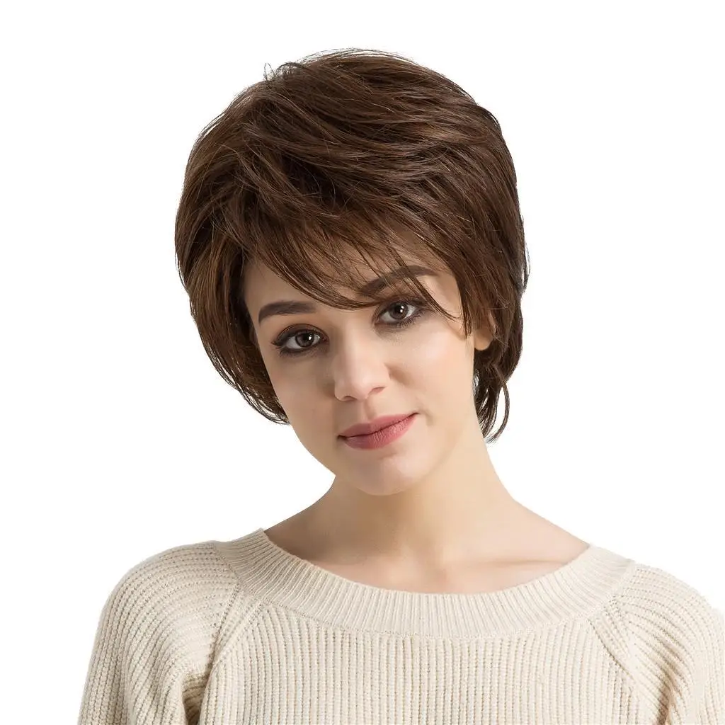 Women Real Short , Brown Straight Layered s with , Heat Resistant for Cosplay Party Costume