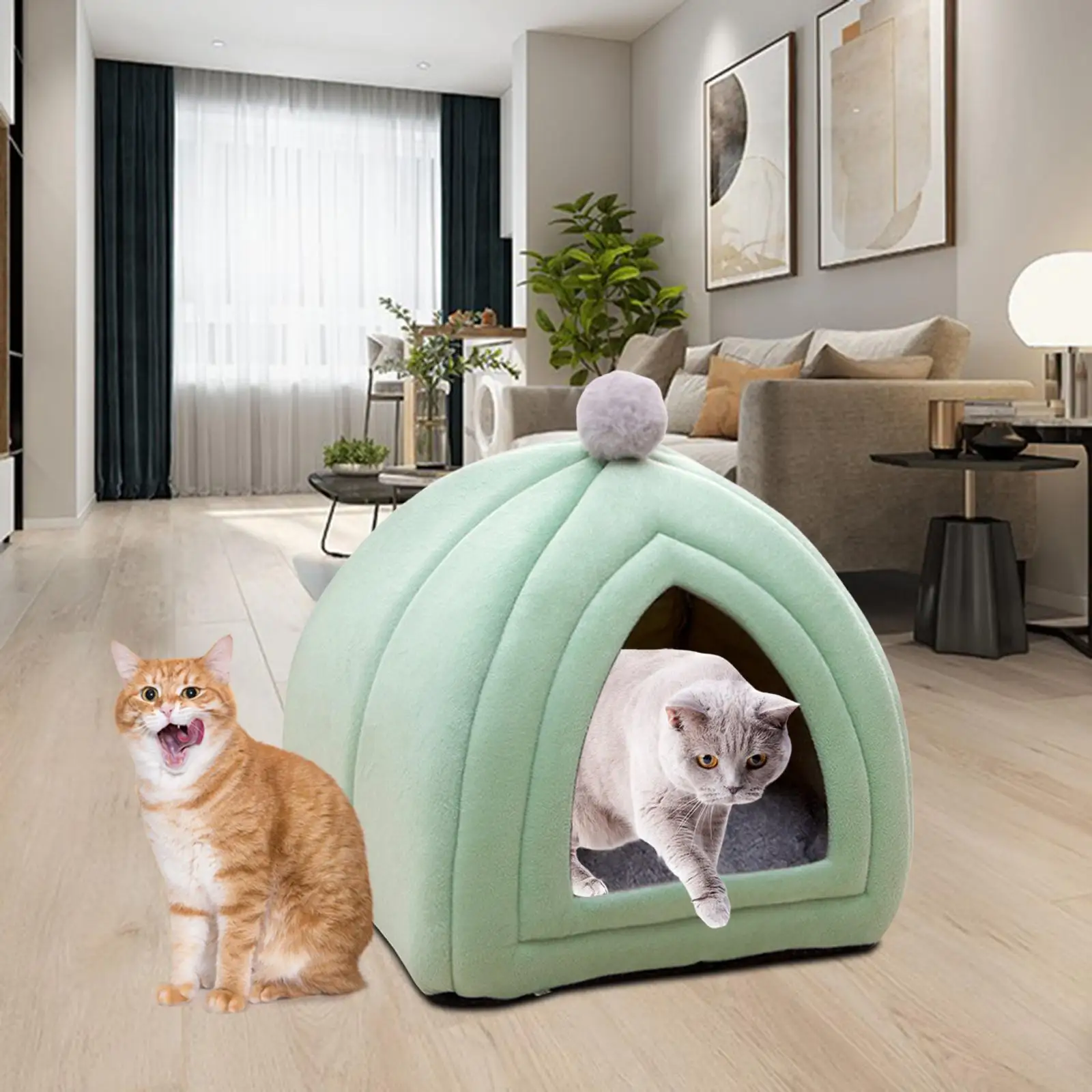 Cat Bed with Removable Cushion Puppy Kennel Winter Small Dog House Velvet Semi