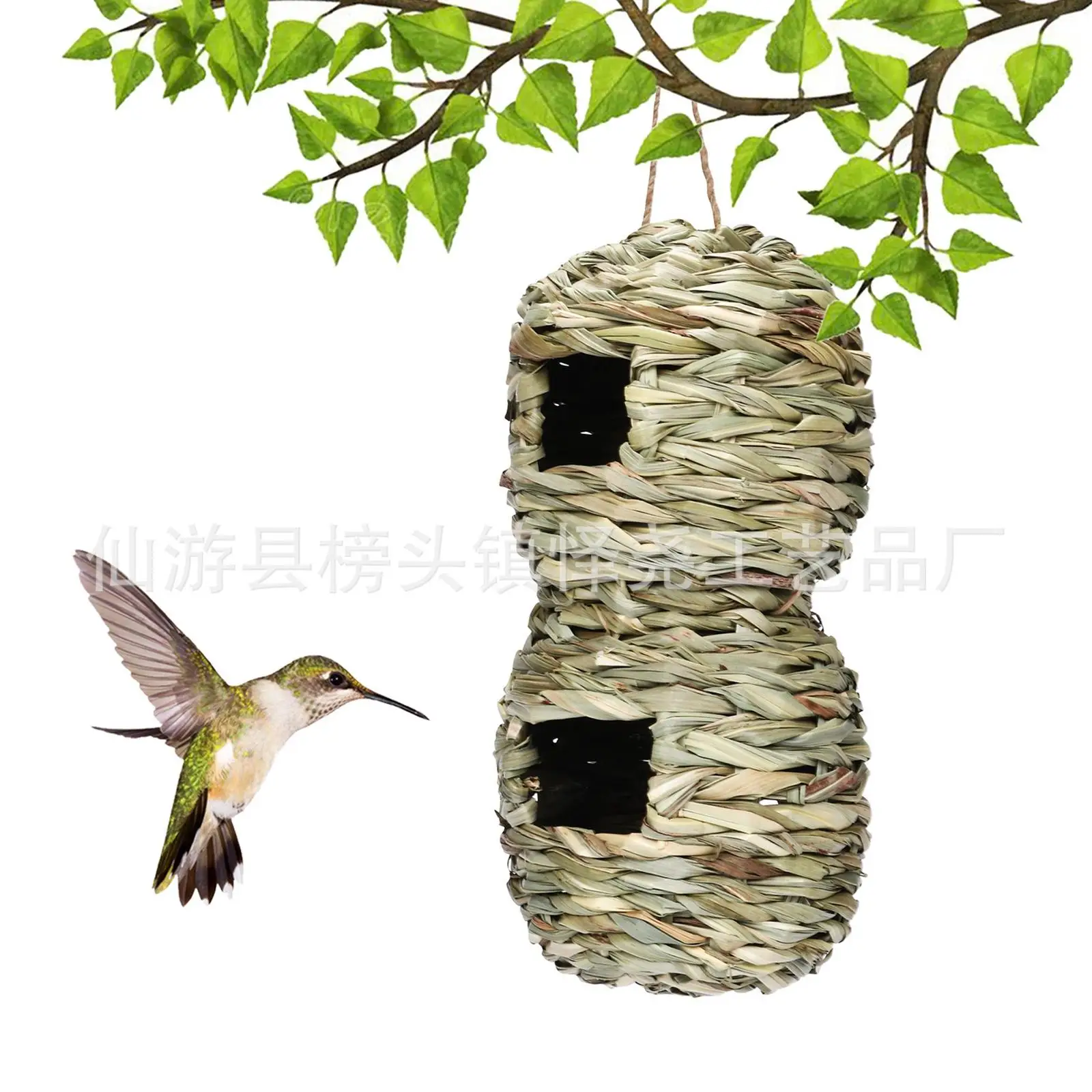 Bird House Straw Hand Woven Shelter Parrot Nest Double Hole Outdoor Hanging Birdhouse for Hummingbird Canary Finch Lawn Garden