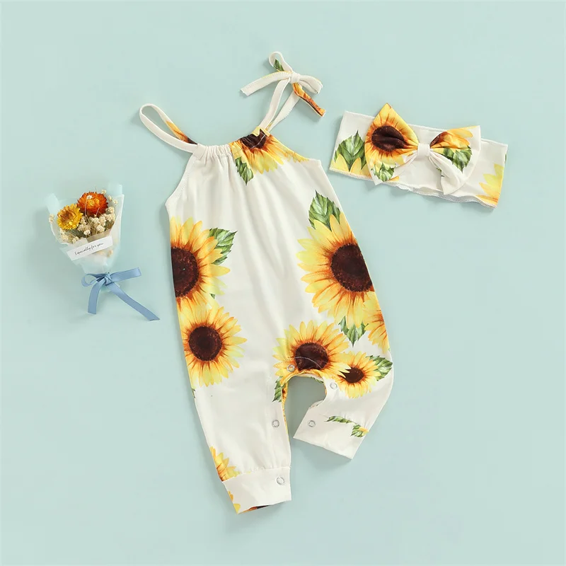 Baby Girls Summer Outfit Infant Sweet Style Sunflower Printing Sleeveless Jumpsuit + Bow Headwear 2 Piece Set small baby clothing set	