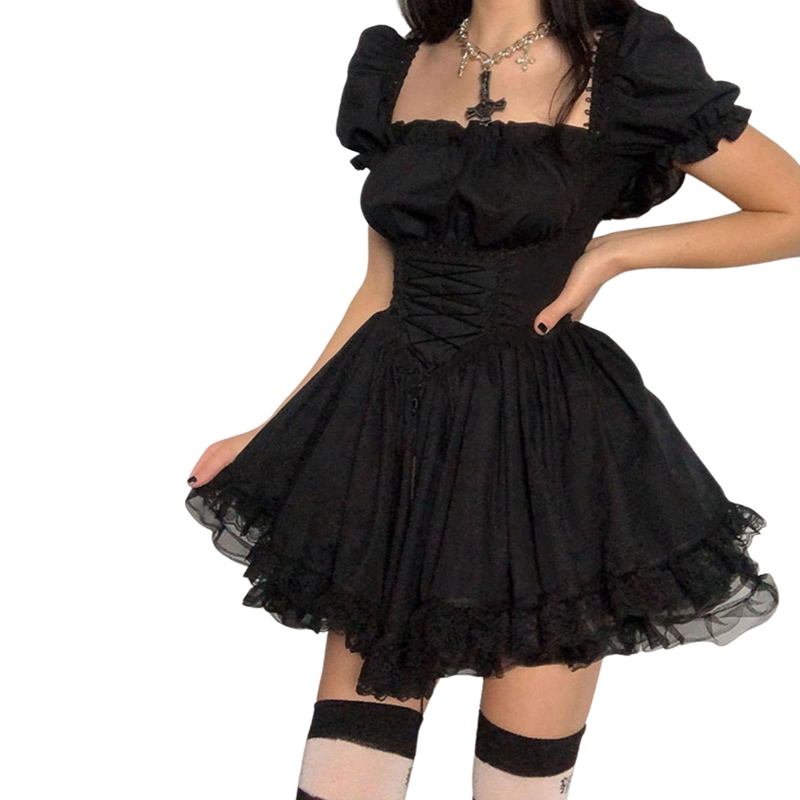 Süßes A-Linien-Kleid mit Puffärmeln für Damen, Sommer, Fairycore, Lolita, einfarbig, Bandage, Spitzenbesatz, kurze Kleider für Halloween-Party – Detail 13