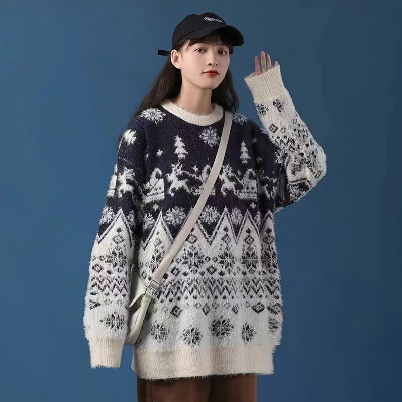 camisola de natal feminino solta jaqueta harajuku estilo retro camisola de malha jaqueta estilo versátil pulôver ins