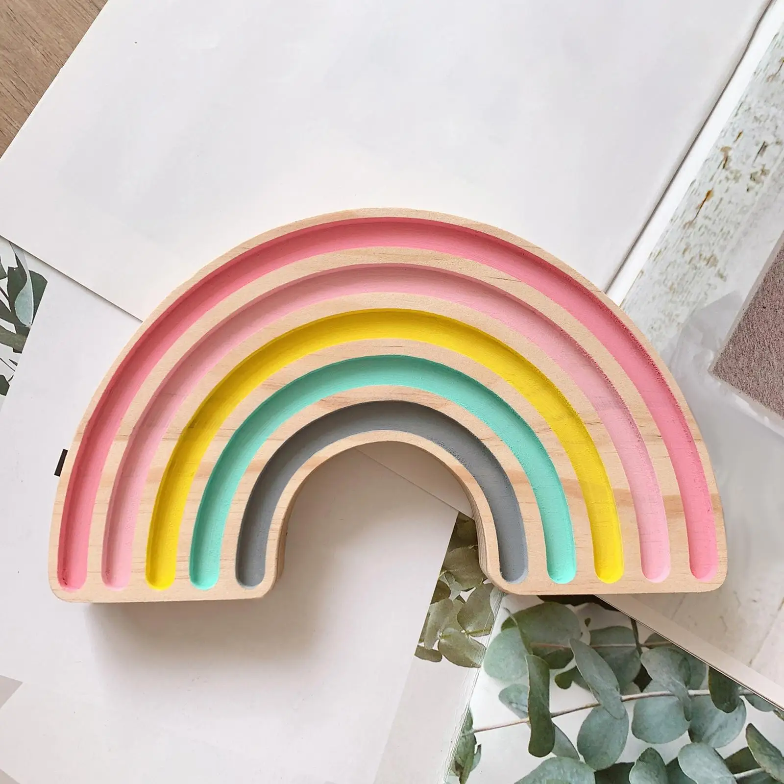 Handmade Wooden Rainbow Stacker Board Ornament Decorative Creative Craft Block for Baby Room Desktop Home Decoration Playroom