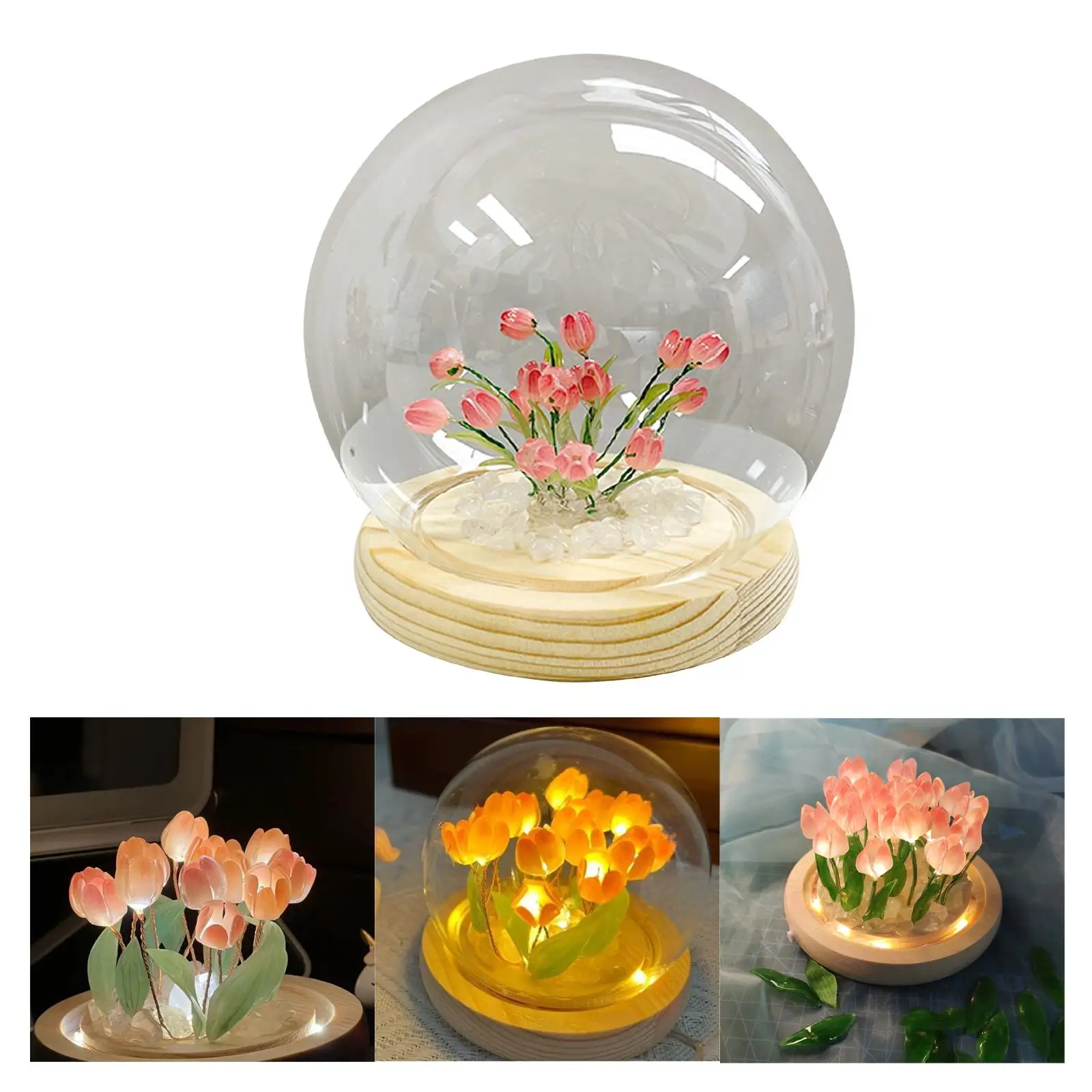 Tulips Eternal Wooden Base Artificial Flowers with LED Light for Mother`S Day Present