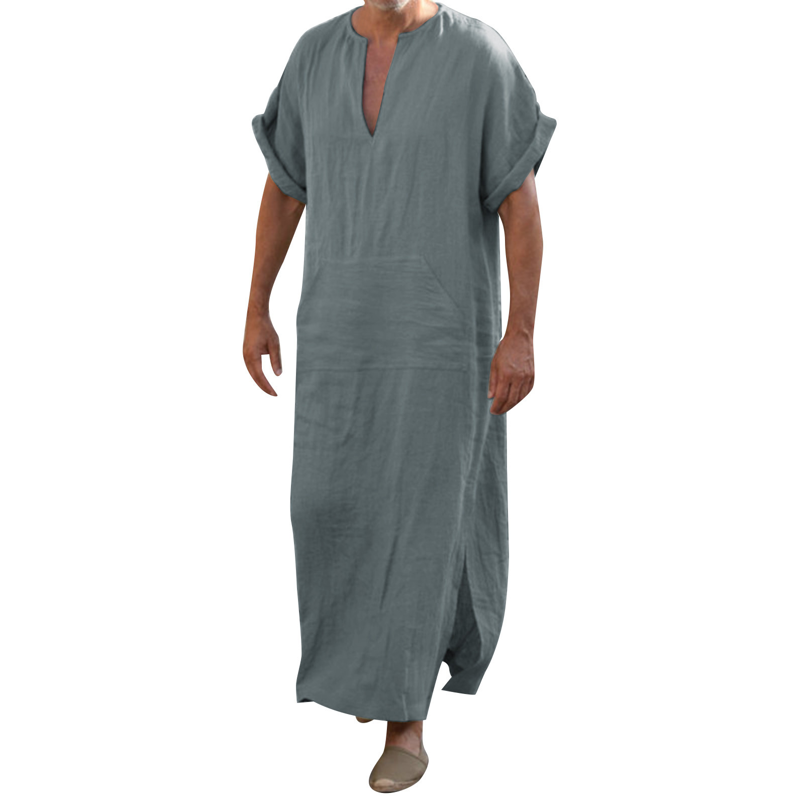 Men Robes Kaftan Muslim Arab Islamic V-Neck Short Sleeve Solid Imitation Linen Retro Vintage Loungewear Kaftan Arabia Man Abaya