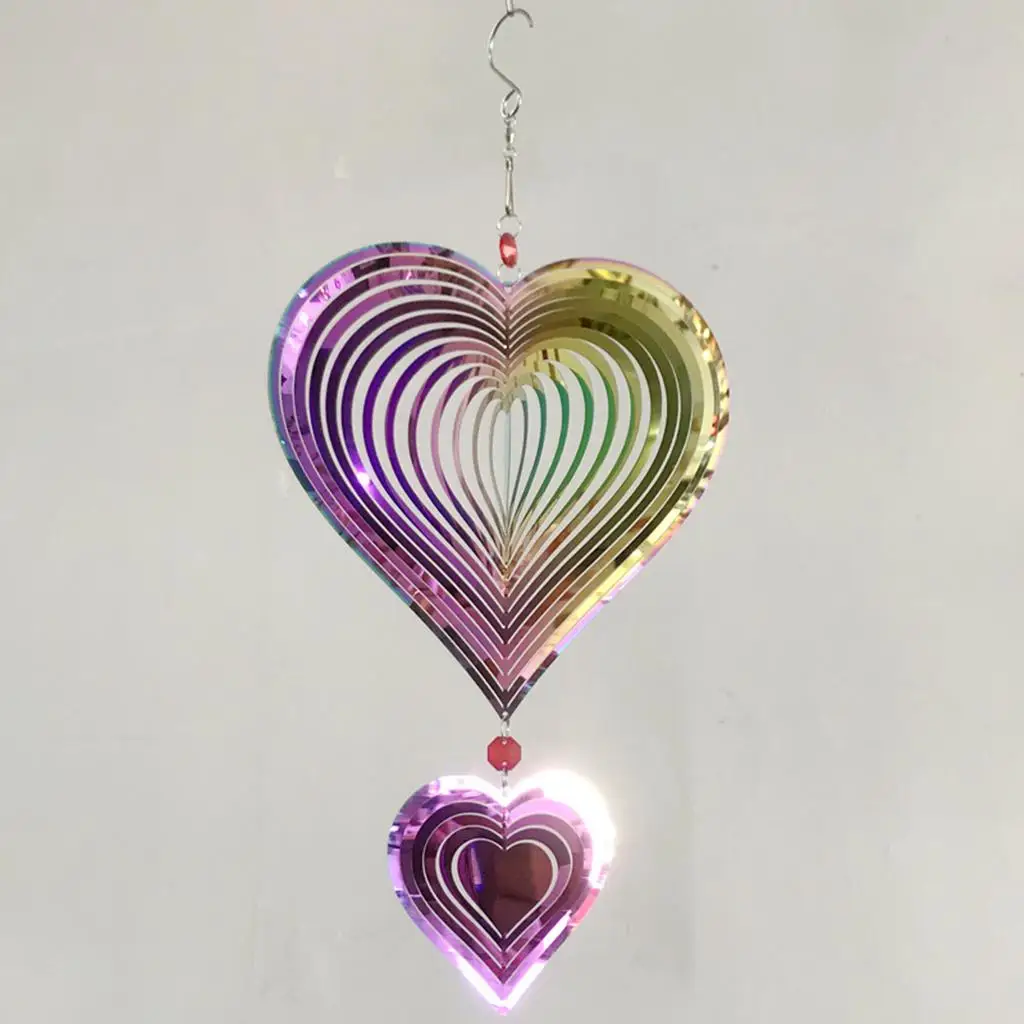 Stainless Steel Wind Spinner Rainbow Pendant 3D Heart Sculpture for Patio