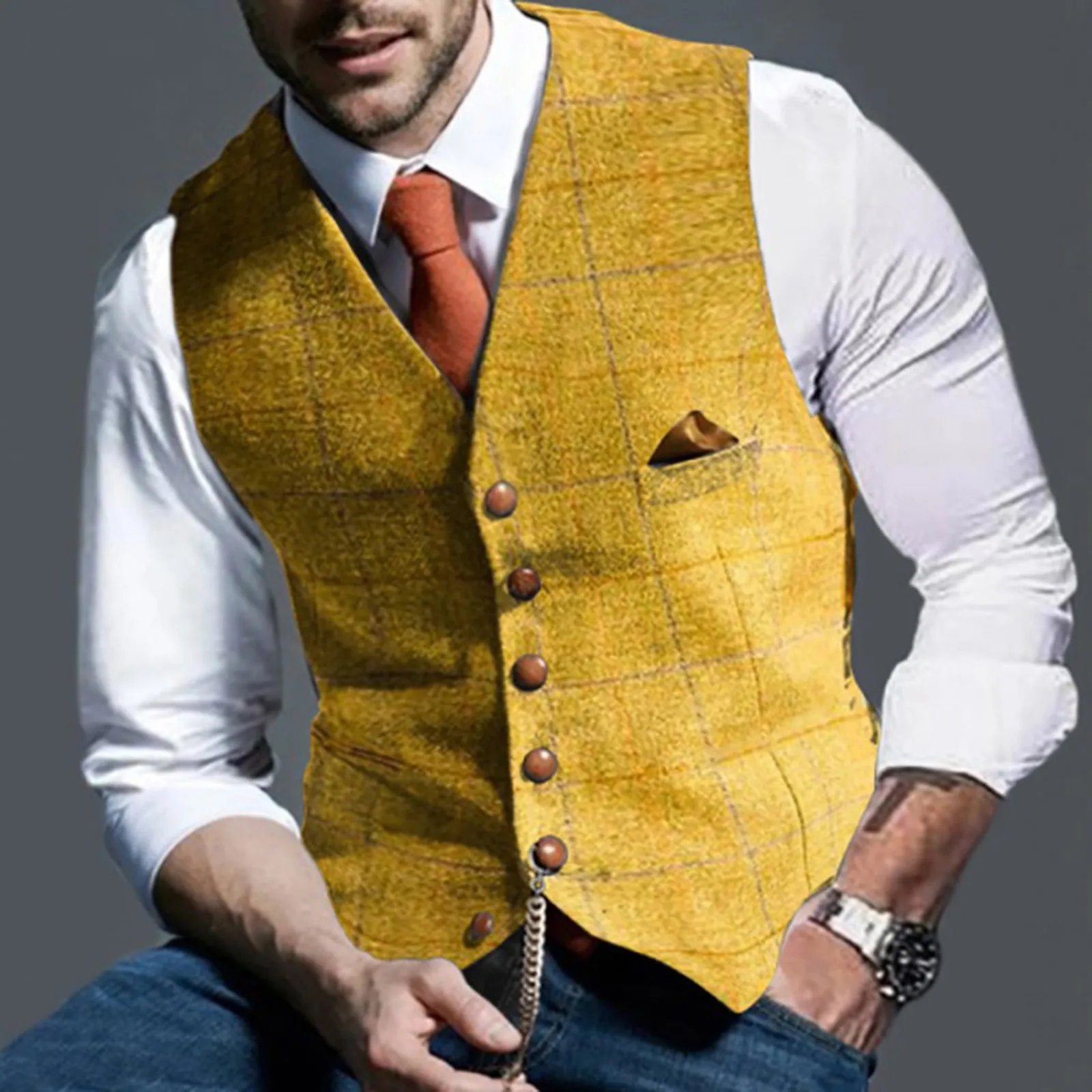 iHENGH Mens Waistcoat Tweed with Pockets and Button Front Suit Vest Slim Fit for Business Formal Wedding 