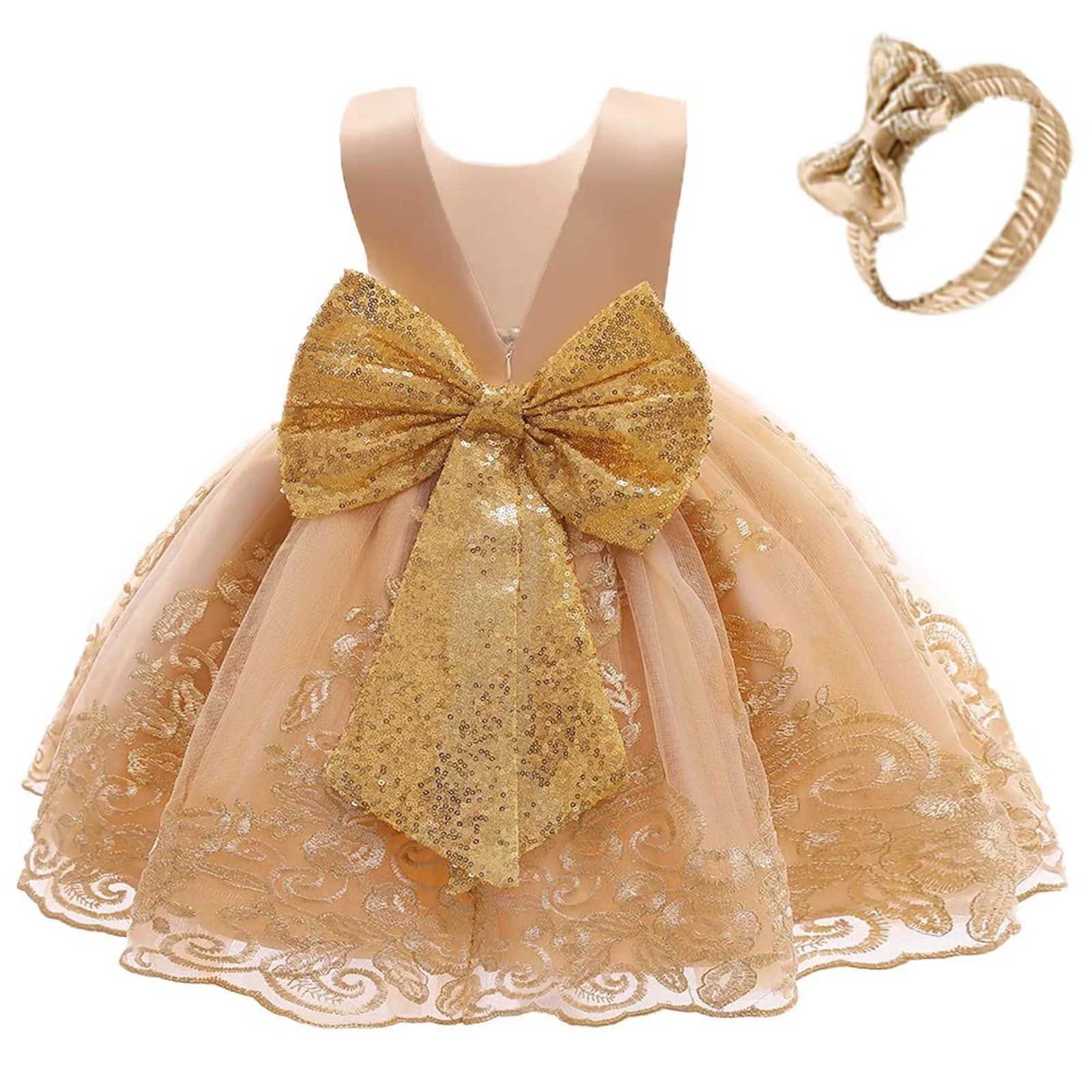 0-6T Big Bowknot Sequins Toddler Baby Girls Embroidered Lace Dresses with Headwear 